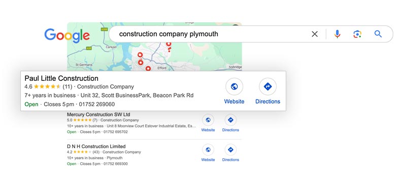 showing Paul Little Construction in the top position of Google's map results